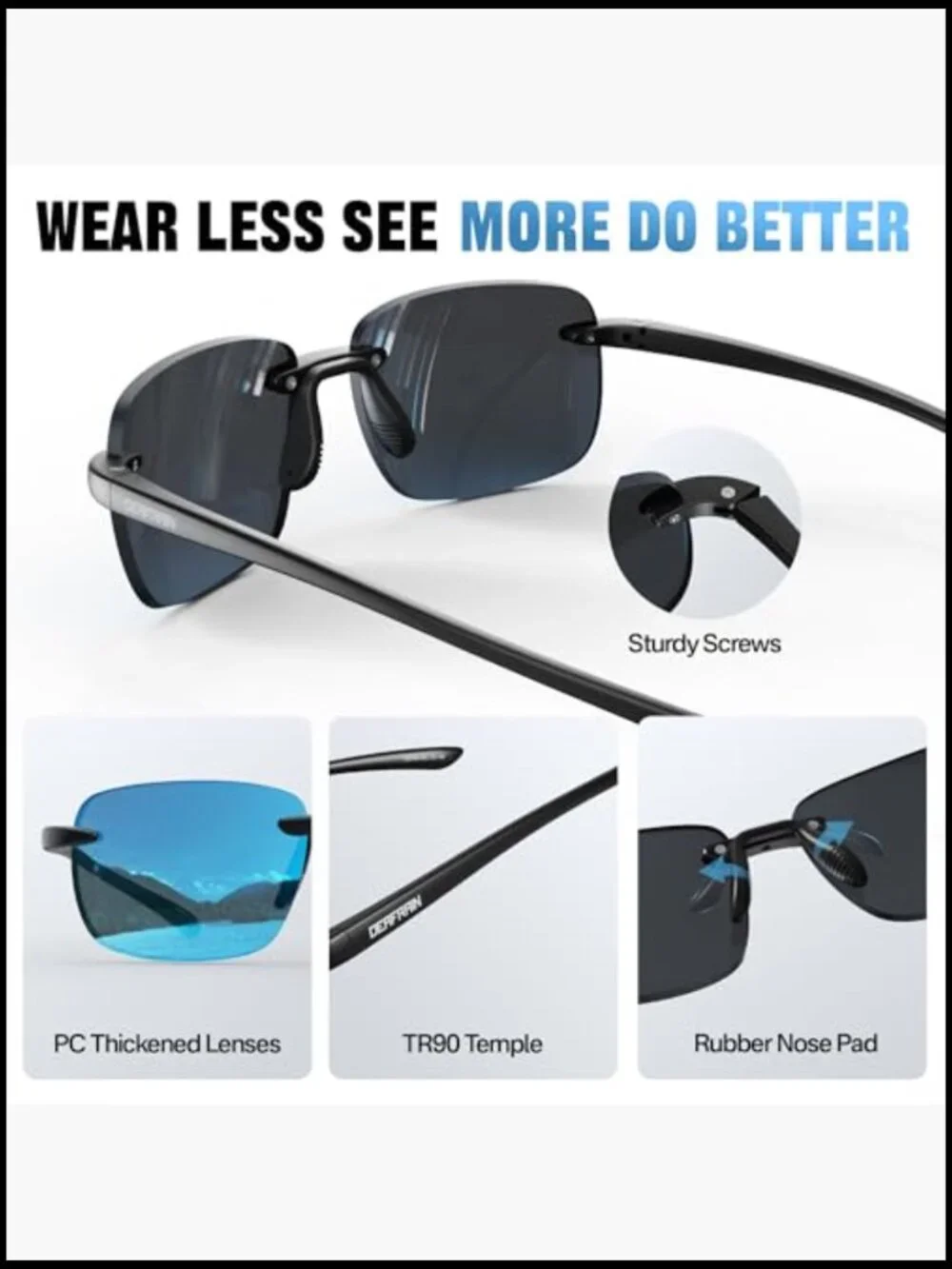 Rimless Polarized Sunglasses TR90 Frameless UV Protection for Driving Fishing